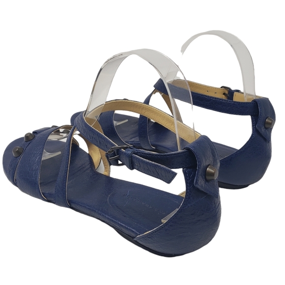 Balenciaga Dark Blue Leather Sandals Size 38 US 7.5 Ankle Strap Studded Flats - Picture 4 of 11